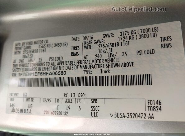 1FTEW1EF6HFA06580 2017 FORD F150 Silver Vista del compartimento del motor