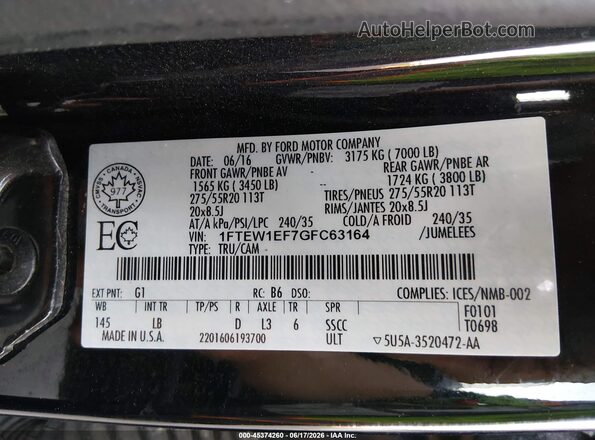 1FTEW1EF7GFC63164 2016 FORD F150 Black Вид підкапотного простору