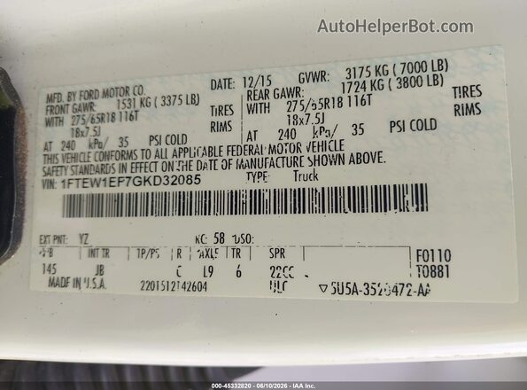 1FTEW1EF7GKD32085 2016 FORD F150 White 
