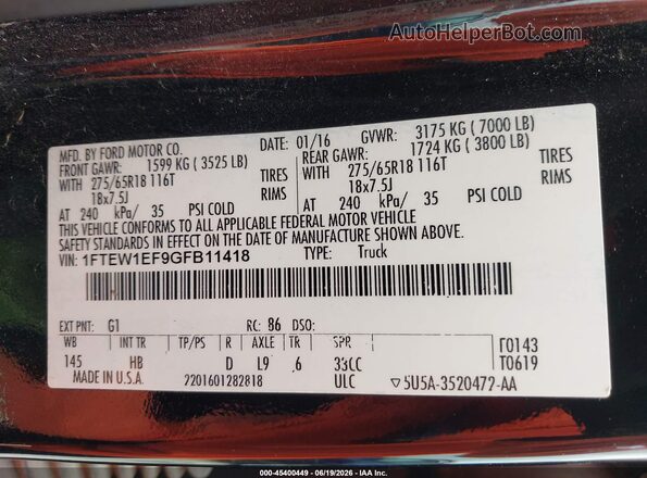 1FTEW1EF9GFB11418 2016 FORD F150 Black Widok komory silnika