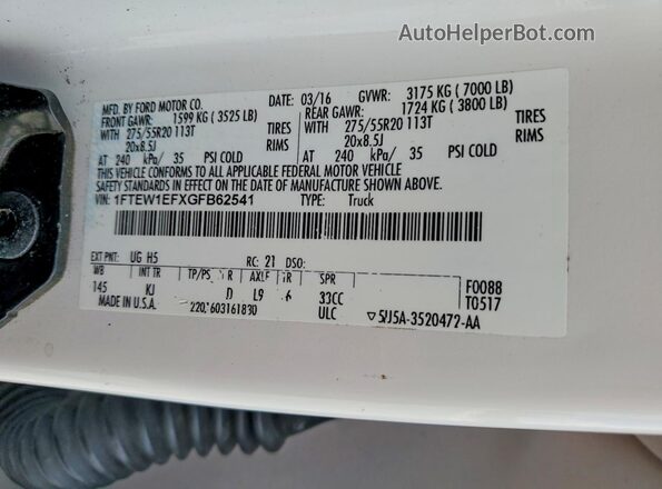 1FTEW1EFXGFB62541 2016 FORD F150 White Vista del compartimento del motor