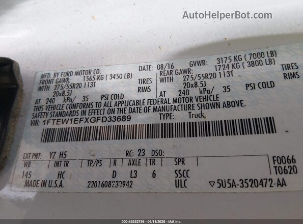 1FTEW1EFXGFD33689 2016 FORD F150 White Շարժիչի բաժամունքի տեսք