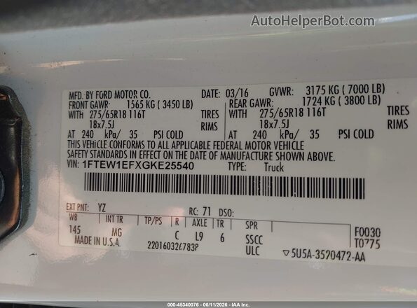 1FTEW1EFXGKE25540 2016 FORD F150 Белый Вид подкапотного пространства