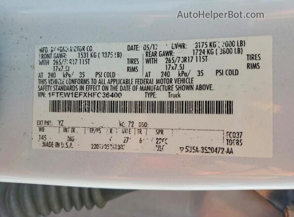 1FTEW1EFXHFC36400 2017 FORD F150 Белый 
