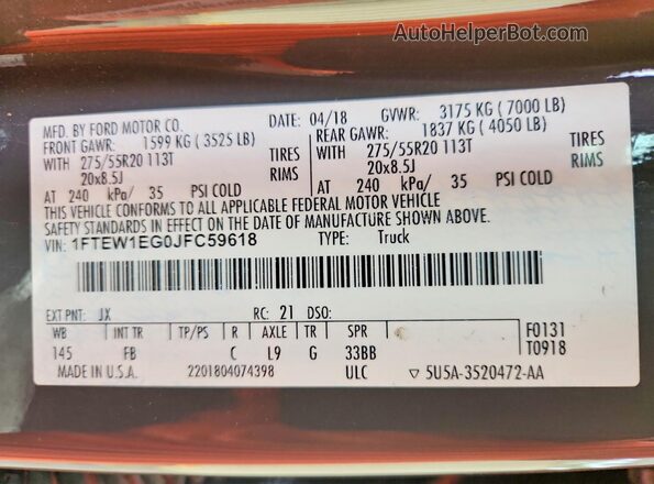 1FTEW1EG0JFC59618 2018 FORD F150 Charcoal 