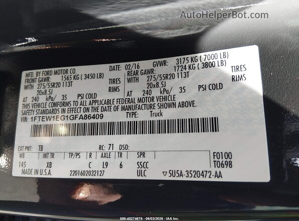 1FTEW1EG1GFA86409 2016 FORD F150 Серый Вид подкапотного пространства