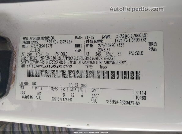 1FTEW1EG1GKD09703 2016 FORD F150 White ძრავის განყოფილების ხედი