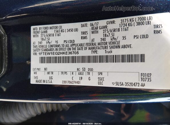 1FTEW1EG2HKE36705 2017 FORD F150 Синий Вид подкапотного пространства