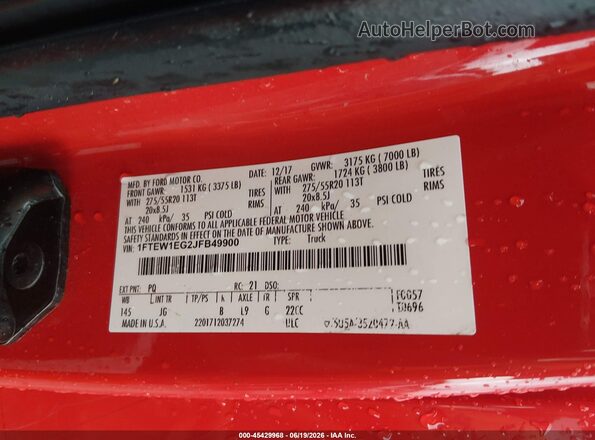 1FTEW1EG2JFB49900 2018 FORD F150 Red Շարժիչի բաժամունքի տեսք