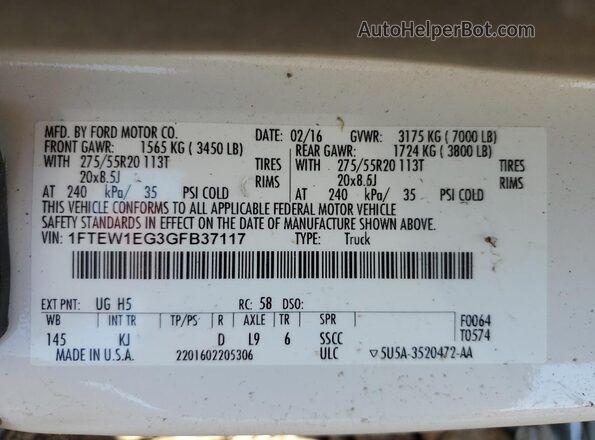 1FTEW1EG3GFB37117 2016 FORD F150 White Вид наклейки з VIN-кодом
