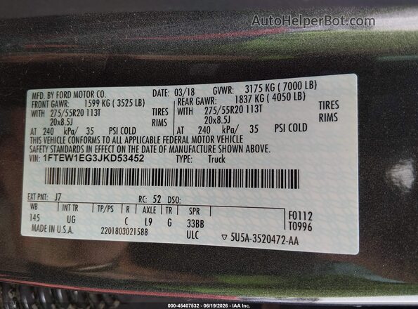 1FTEW1EG3JKD53452 2018 FORD F150 Gray Vista del compartimento del motor