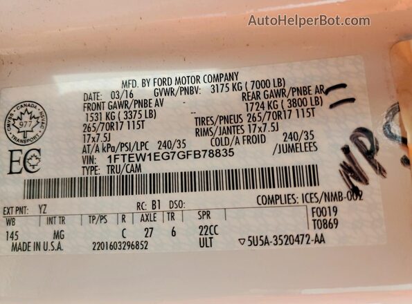 1FTEW1EG7GFB78835 2016 FORD F150 White Вид підкапотного простору