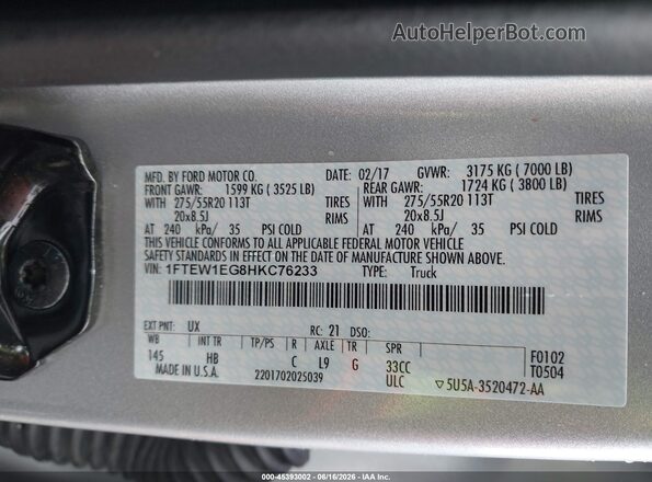 1FTEW1EG8HKC76233 2017 FORD F150 Silver Widok komory silnika