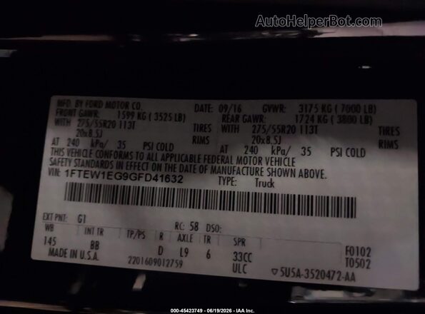 1FTEW1EG9GFD41632 2016 FORD F150 Black Շարժիչի բաժամունքի տեսք