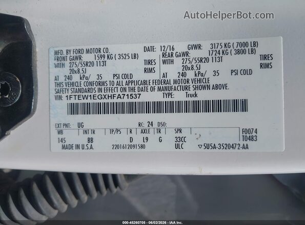 1FTEW1EGXHFA71537 2017 FORD F150 White ძრავის განყოფილების ხედი