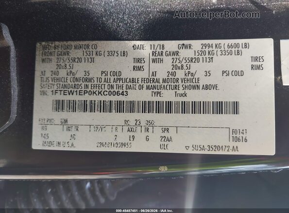 1FTEW1EP0KKC00643 2019 FORD F150 Черный Вид подкапотного пространства