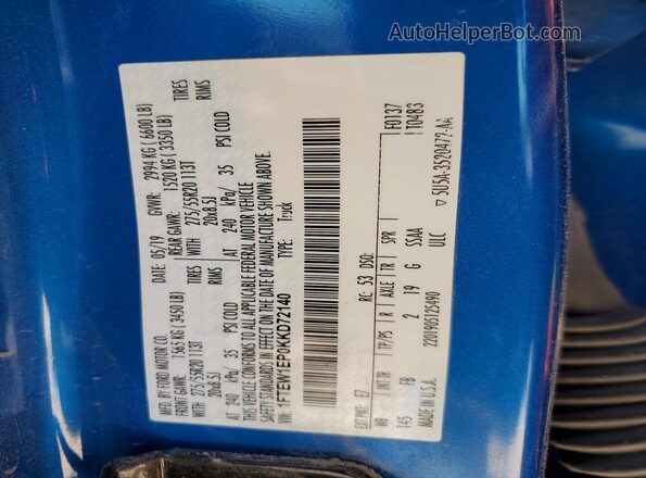 1FTEW1EP0KKD72140 2019 FORD F150 Blue Vista del compartimento del motor