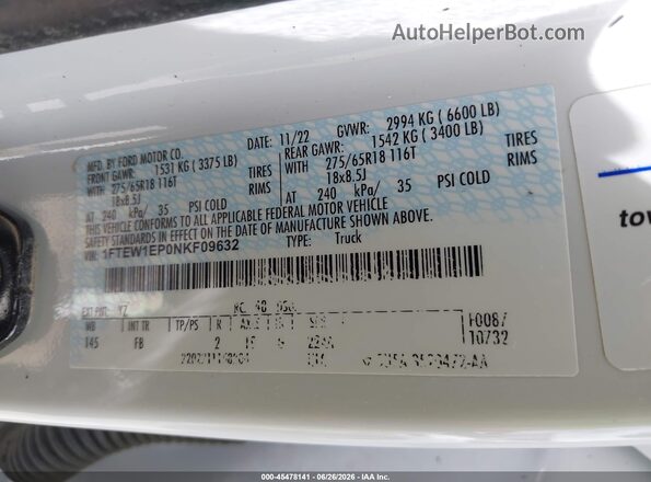 1FTEW1EP0NKF09632 2022 FORD F150 White Widok komory silnika