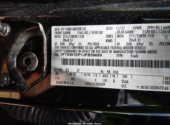 1FTEW1EP1JFB56689 2018 FORD F150 Black Շարժիչի բաժամունքի տեսք