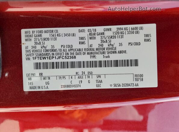 1FTEW1EP1JFC52368 2018 FORD F150 Red Widok naklejki z numerem VIN