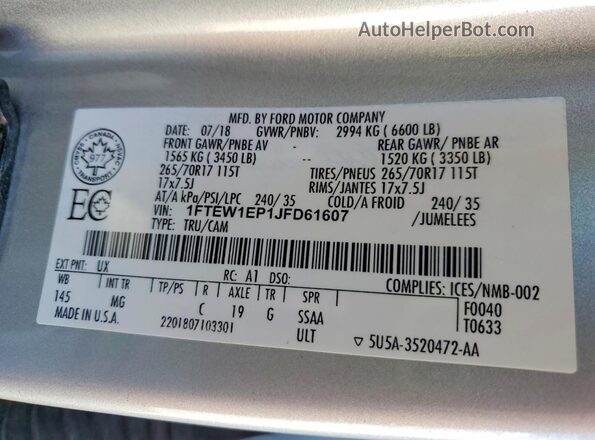 1FTEW1EP1JFD61607 2018 FORD F150 Silver 
