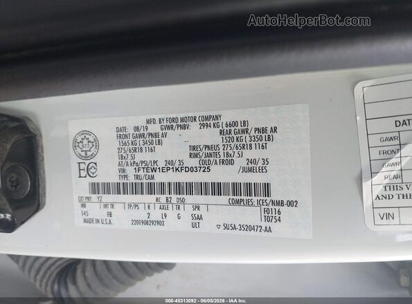 1FTEW1EP1KFD03725 2019 FORD F150 White ძრავის განყოფილების ხედი