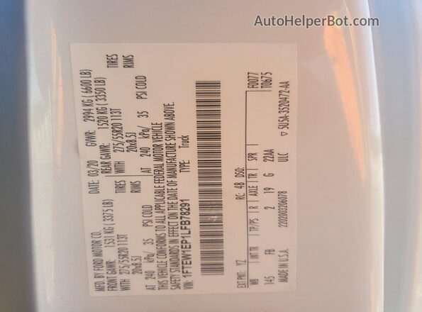 1FTEW1EP1LFB78291 2020 FORD F150 White Вид підкапотного простору