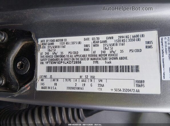 1FTEW1EP1LKD72858 2020 FORD F150 Silver 