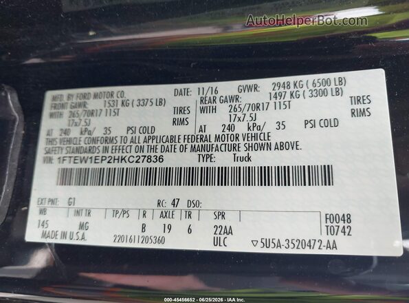 1FTEW1EP2HKC27836 2017 FORD F150 Черный Вид подкапотного пространства