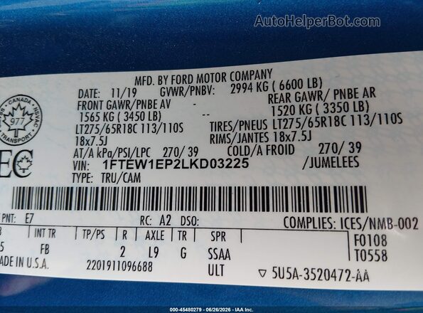 1FTEW1EP2LKD03225 2020 FORD F150 Blue Вид підкапотного простору