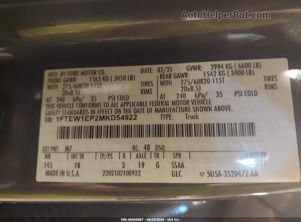 1FTEW1EP2MKD54922 2021 FORD F150 Gray Widok komory silnika