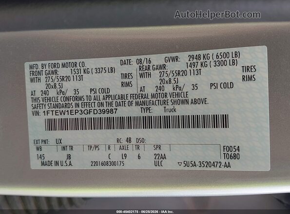 1FTEW1EP3GFD39987 2016 FORD F150 Silver Widok komory silnika
