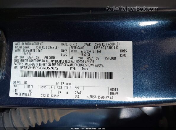 1FTEW1EP3GKD57672 2016 FORD F150 Blue Vista del compartimento del motor