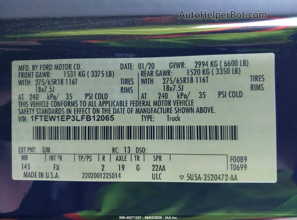 1FTEW1EP3LFB12065 2020 FORD F150 Black Widok komory silnika