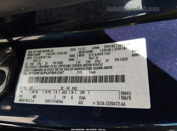 1FTEW1EP4JFB41247 2018 FORD F150 Синий Вид подкапотного пространства