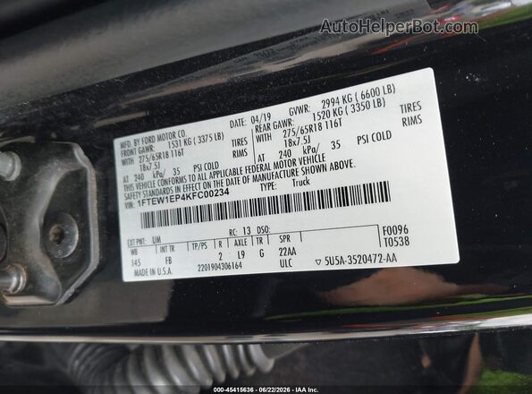 1FTEW1EP4KFC00234 2019 FORD F150 Black Շարժիչի բաժամունքի տեսք