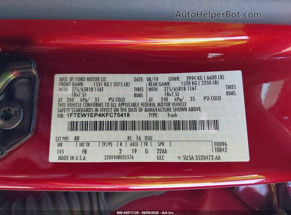 1FTEW1EP4KFC75418 2019 FORD F150 Красный Вид подкапотного пространства