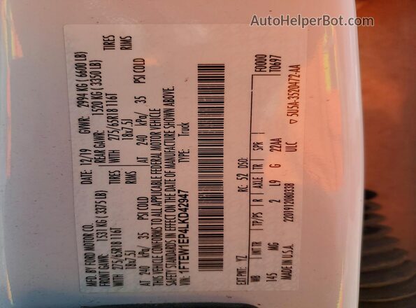 1FTEW1EP4LKD42947 2020 FORD F150 Белый Вид наклейки с VIN-кодом