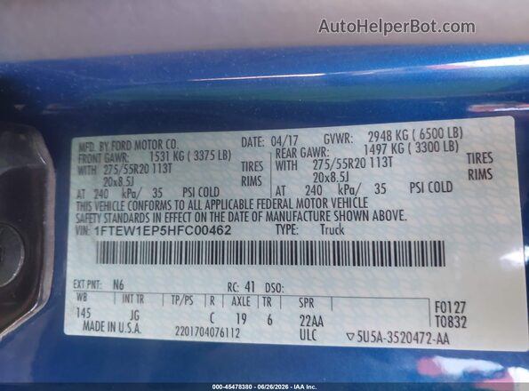 1FTEW1EP5HFC00462 2017 FORD F150 Blue ძრავის განყოფილების ხედი