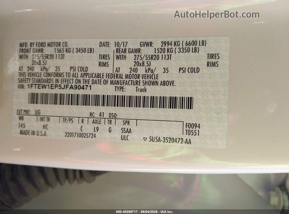 1FTEW1EP5JFA90471 2018 FORD F150 White ძრავის განყოფილების ხედი