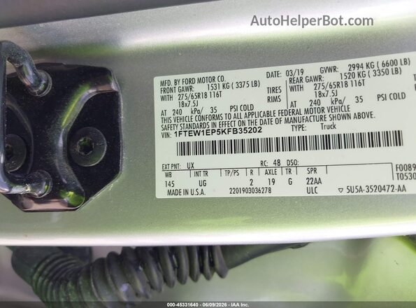 1FTEW1EP5KFB35202 2019 FORD F150 Silver Շարժիչի բաժամունքի տեսք