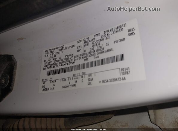 1FTEW1EP5LKE80206 2020 FORD F150 White Widok komory silnika