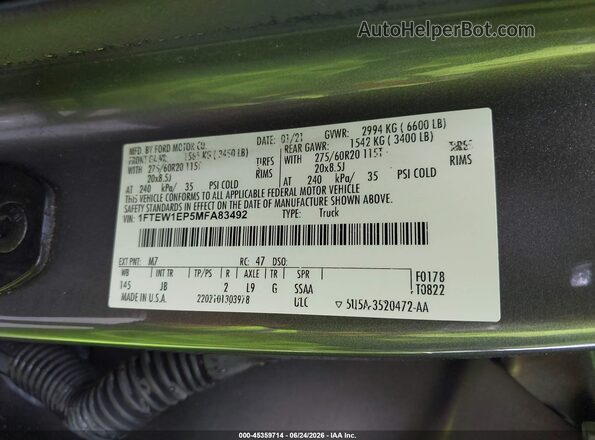 1FTEW1EP5MFA83492 2021 FORD F150 Серый Вид подкапотного пространства