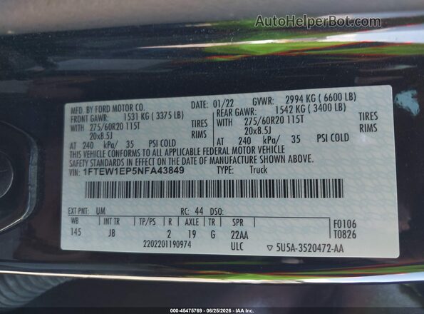 1FTEW1EP5NFA43849 2022 FORD F150 Black Շարժիչի բաժամունքի տեսք