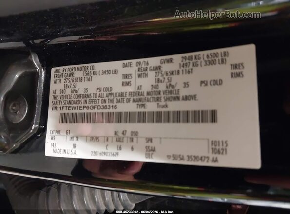 1FTEW1EP6GFD38316 2016 FORD F150 Black Вид підкапотного простору