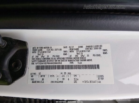 1FTEW1EP6HKD66352 2017 FORD F150 White Շարժիչի բաժամունքի տեսք