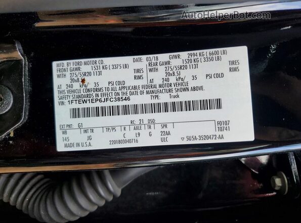 1FTEW1EP6JFC38546 2018 FORD F150 Black Вид підкапотного простору
