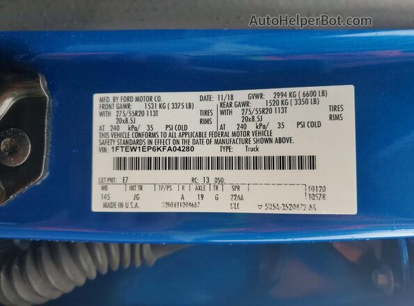 1FTEW1EP6KFA04280 2019 FORD F150 Blue Շարժիչի բաժամունքի տեսք