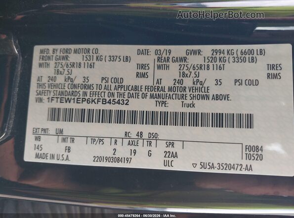 1FTEW1EP6KFB45432 2019 FORD F150 Black Engine compartment view