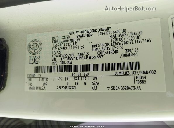1FTEW1EP6LFB55587 2020 FORD F150 White Շարժիչի բաժամունքի տեսք